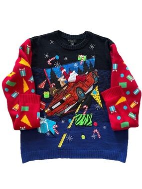 Blizzard Bay Ugly Christmas Sweater XL Santa Reindeer Car 3D Applique